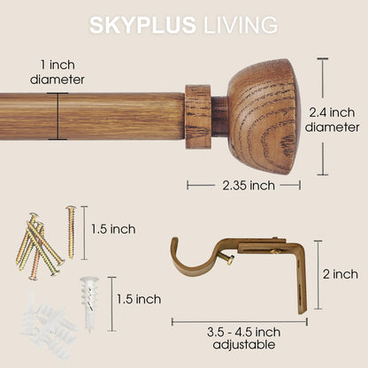 SKYPLUS LIVING Faux Wood Style Curtain Rod Set with Wood Grain Round Finial, 72-144 inch, Standard Single Drapery Rod for 1 Pack, 1 inch diameter, Adjustable Length