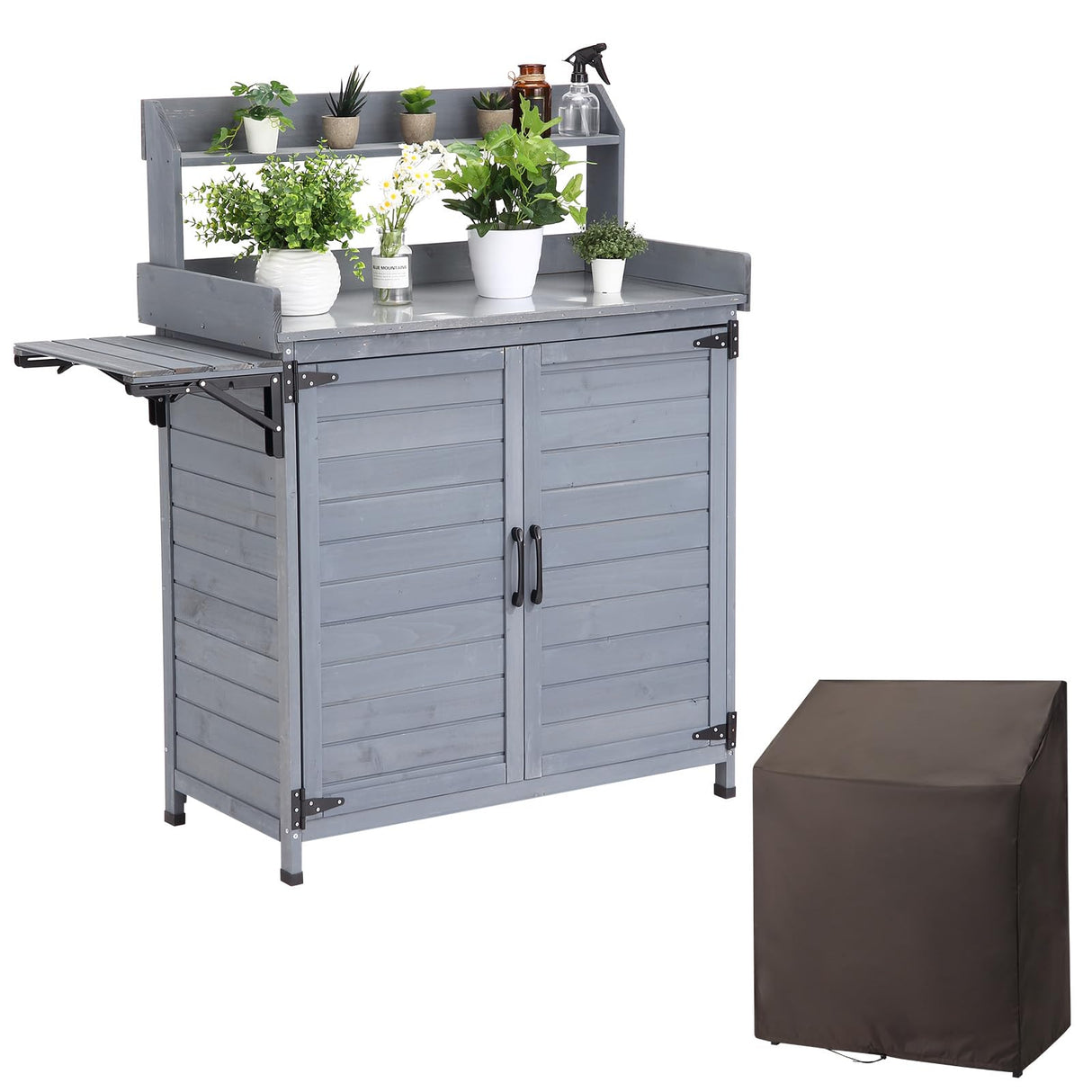 Garvee Outdoor Potting Bench Table, Wooden Gardening Furniture with Metal Tabletop and Storage Cabinet, Horticulture Workstation with Adjustable Shelf for Garden, Patio, Backyard, Greenhouse Garvee