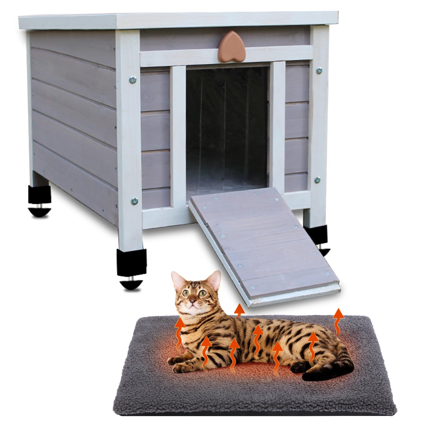 Rockever Outdoor Cat House,Outdoor cat Houses for Feral Cats Weatherproof Rabbit Hutch Small, Wooden Small Pet House and Habitats-Grey with Mat