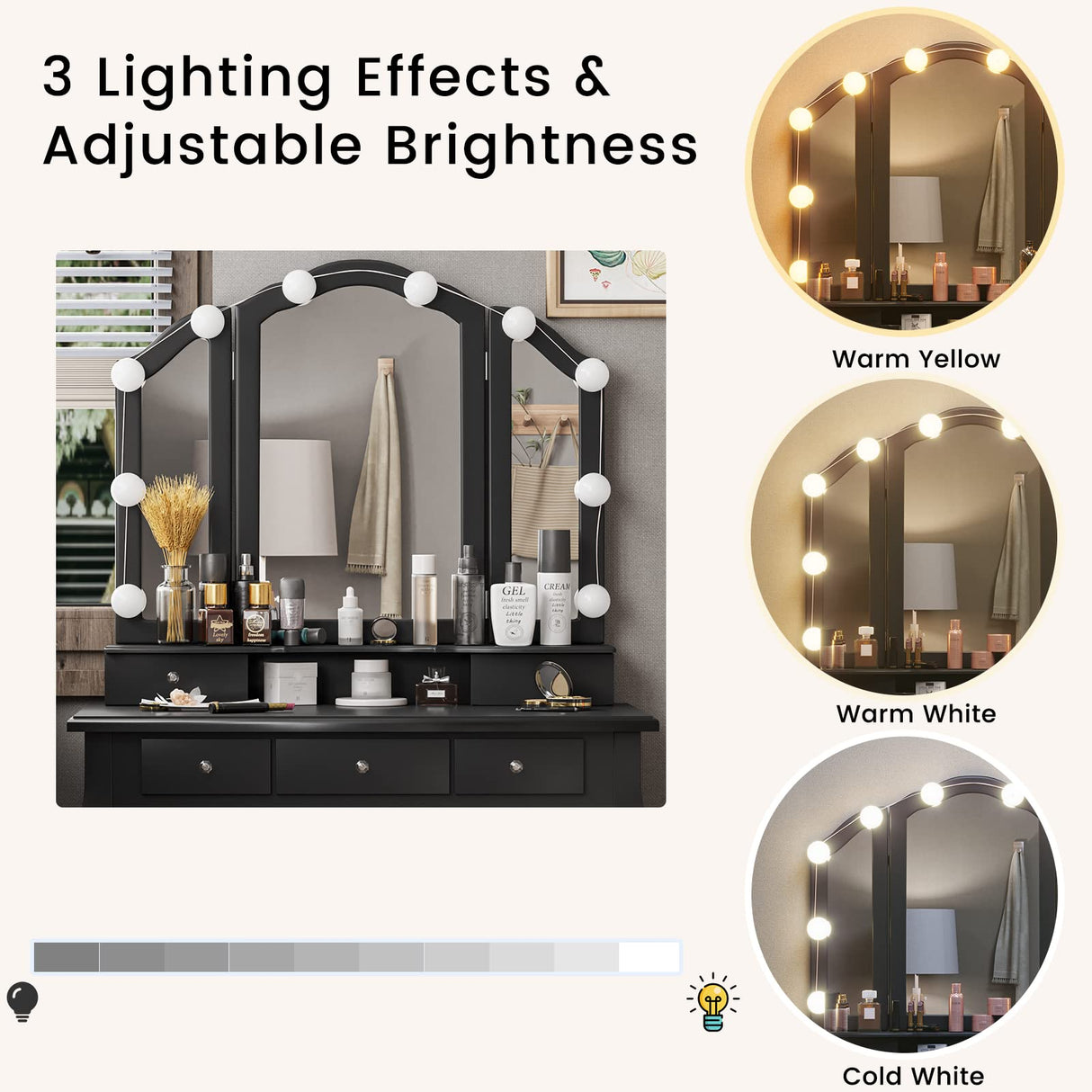 Tiptiper Vanity Desk, Makeup Vanity with Lighted Tri-fold Mirror and Stool, Vanity Set with 5 Drawers, 3 Light Settings & Adjustable Brightness, Black Tiptiper