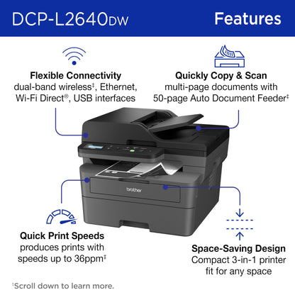 Brother DCP-L2640DW Wireless Compact Monochrome Multi-Function Laser Printer with Copy and Scan, Duplex, Mobile, Black & White | Includes Refresh Subscription Trial(1), Amazon Dash Replenishment Ready