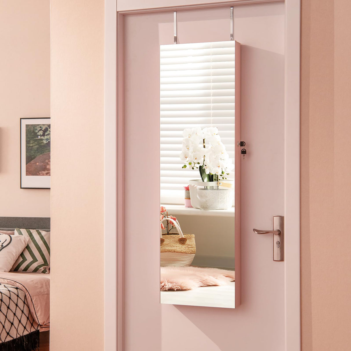 Giantex Wall Door Mounted Jewelry Armoire Cabinet with 47.5" H Full Length Mirror, 2 LEDs Lockable Jewelry Organizer Box with Bracelet Rod, 2 Drawers, Large Storage Capacity (Light Pink) Giantex