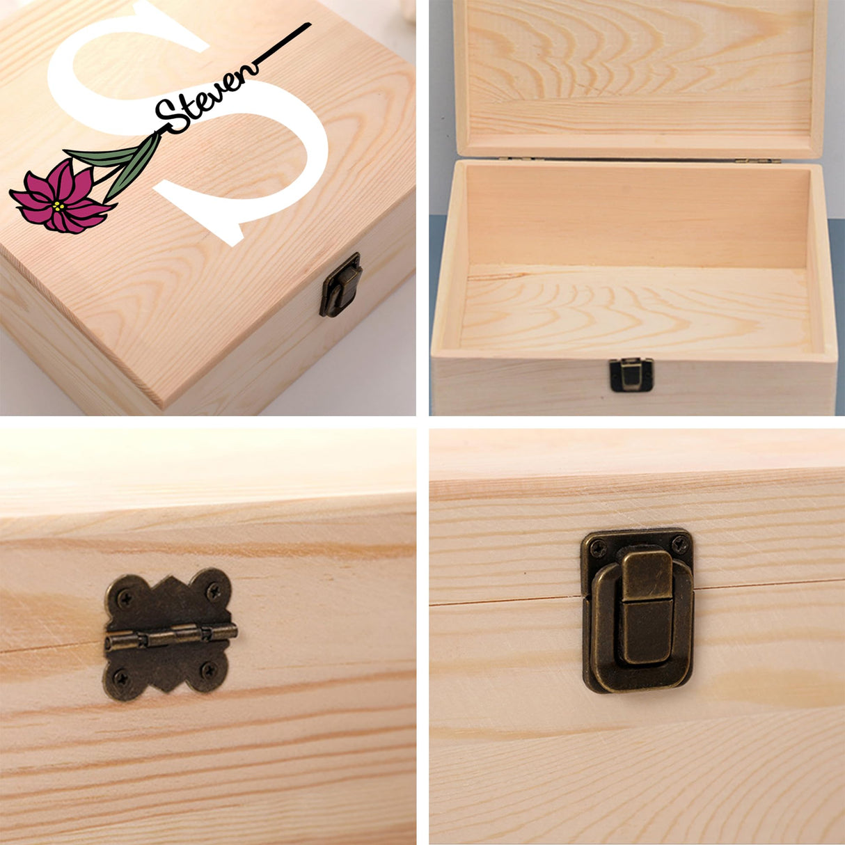 Personalized Wooden Keepsake Memory Box with Birth Flower & Name, Custom Wood Decorative Storage Box with Lids Customized Christmas Gift Box for Cooayyaooc
