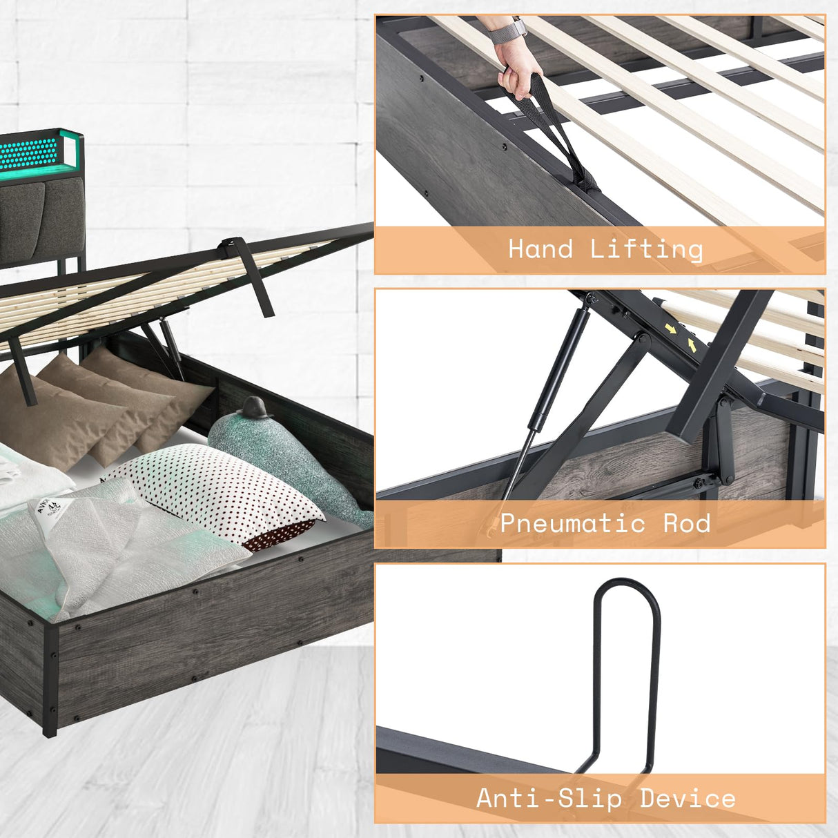 AMERLIFE Full Size Lift Up Bed Frame with Linen Upholstered & LED Light & Storage Headboard, Platform Bed Frame with Charging Station, No Box Spring Needed, Noisy Free, Rustic Grey AMERLIFE