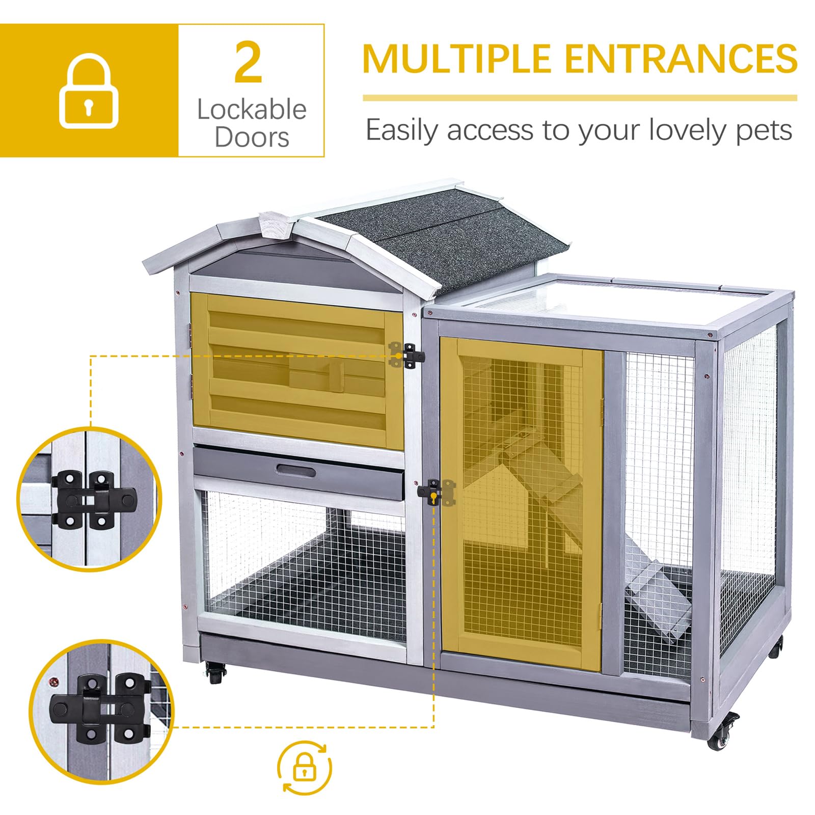 GEGURI Rabbit Hutch Indoor Rabbit Cage Outdoor, Wooden Bunny Cages for Guinea Pig with Wheels, Removable Tray, Ramp - WoodArtSupply