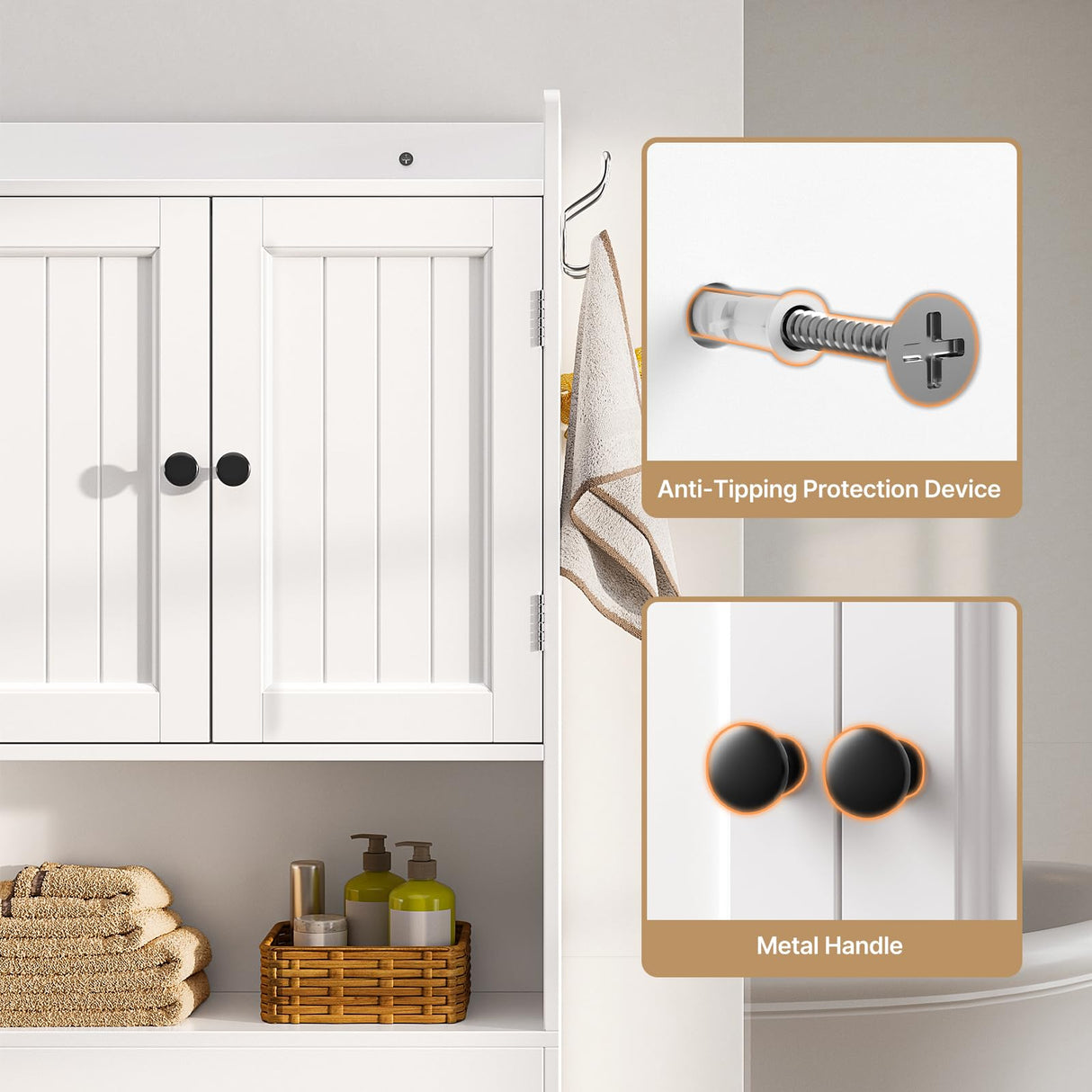 Gizoon Over The Toilet Storage Cabinet, 66''H Over Toilet Bathroom Organizer, Over Toilet Storage Cabinet with 2 Doors, Paper Holder and Racks, Adjustable Shelf, for Bathroom, Laundry, White Gizoon