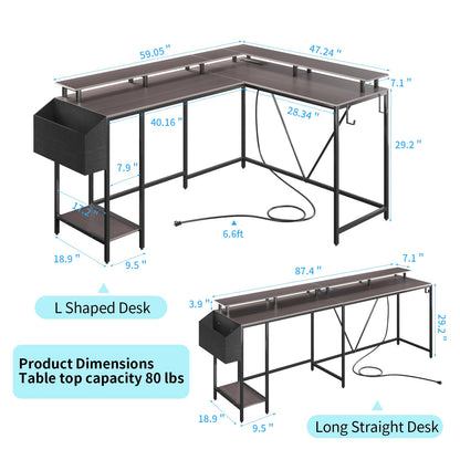 Eivanet L Shaped Gaming Desk with Power Outlets & LED Lights, Computer Desk with Monitor Stand & Storage Shelf, Home Office Desk Corner Desk with Hooks, Easy to Assemble, Grey Oak - WoodArtSupply