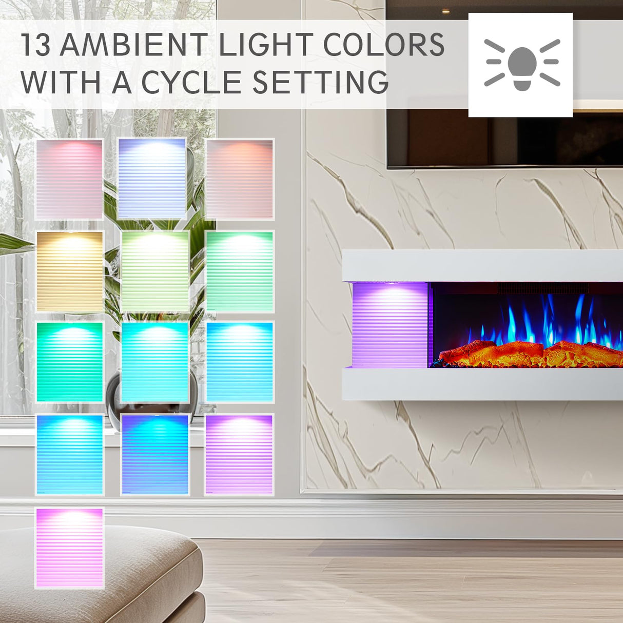 PuraFlame Alsa 44 Inch Wall Mounted Electric Fireplace All-in-One with Multi Ambient Light Colors, Remote, 1500W Heater, White PuraFlame