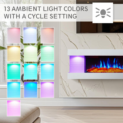 PuraFlame Alsa 44 Inch Wall Mounted Electric Fireplace All-in-One with Multi Ambient Light Colors, Remote, 1500W Heater, White