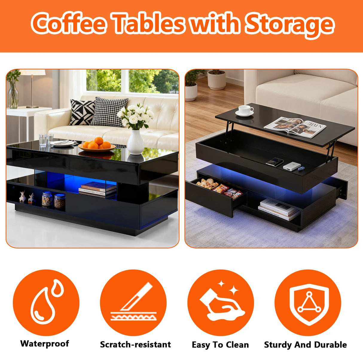 39.37" Lift Top Coffee Table with Hidden Storage & 2 Drawers, Modern High Gloss Center Table for Living Room, Heavy Duty Wood Coffee Table with LED Lights, Apartment Small Space Furniture (Black) Anwick