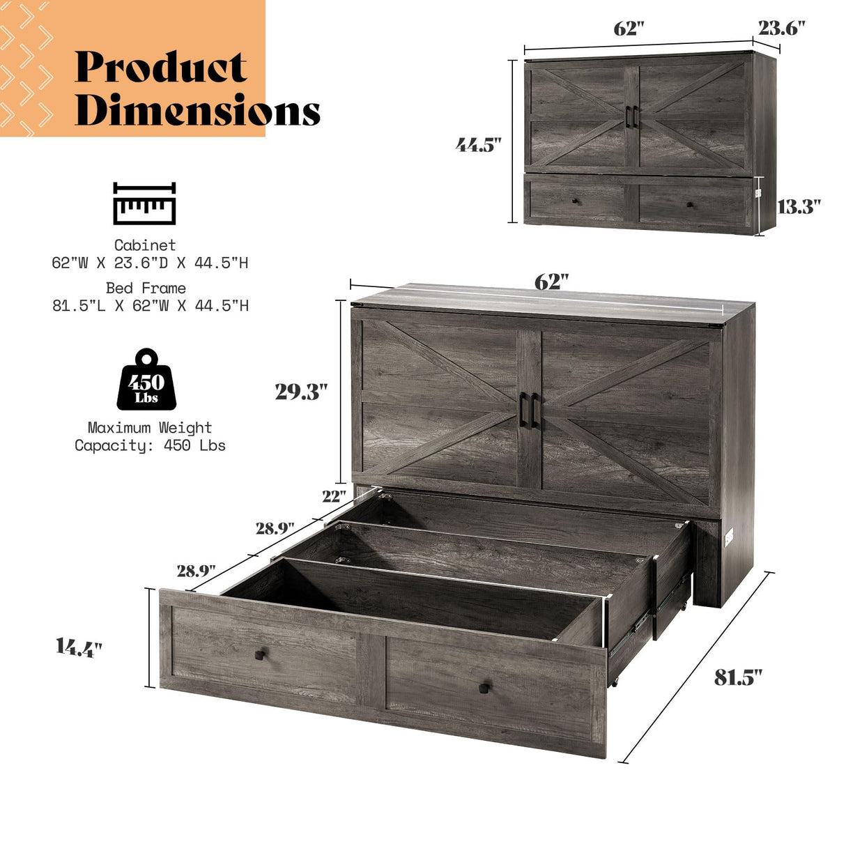 AMERLIFE Queen Murphy Bed with Storage & Charging Station, Farmhouse Murphy Cabinet with Foldable Panel, Noisy Free, for Living Room, Guest Bedroom, Office, Rustic Gray AMERLIFE