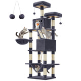 Feandrea Cat Tree, 81.1-Inch Large Cat Tower with 13 Scratching Posts, 2 Perches, 2 Caves, Basket, Hammock, Pompoms, Multi-Level Plush Cat Condo for Indoor Cats, Smoky Gray UPCT190G01 Feandrea