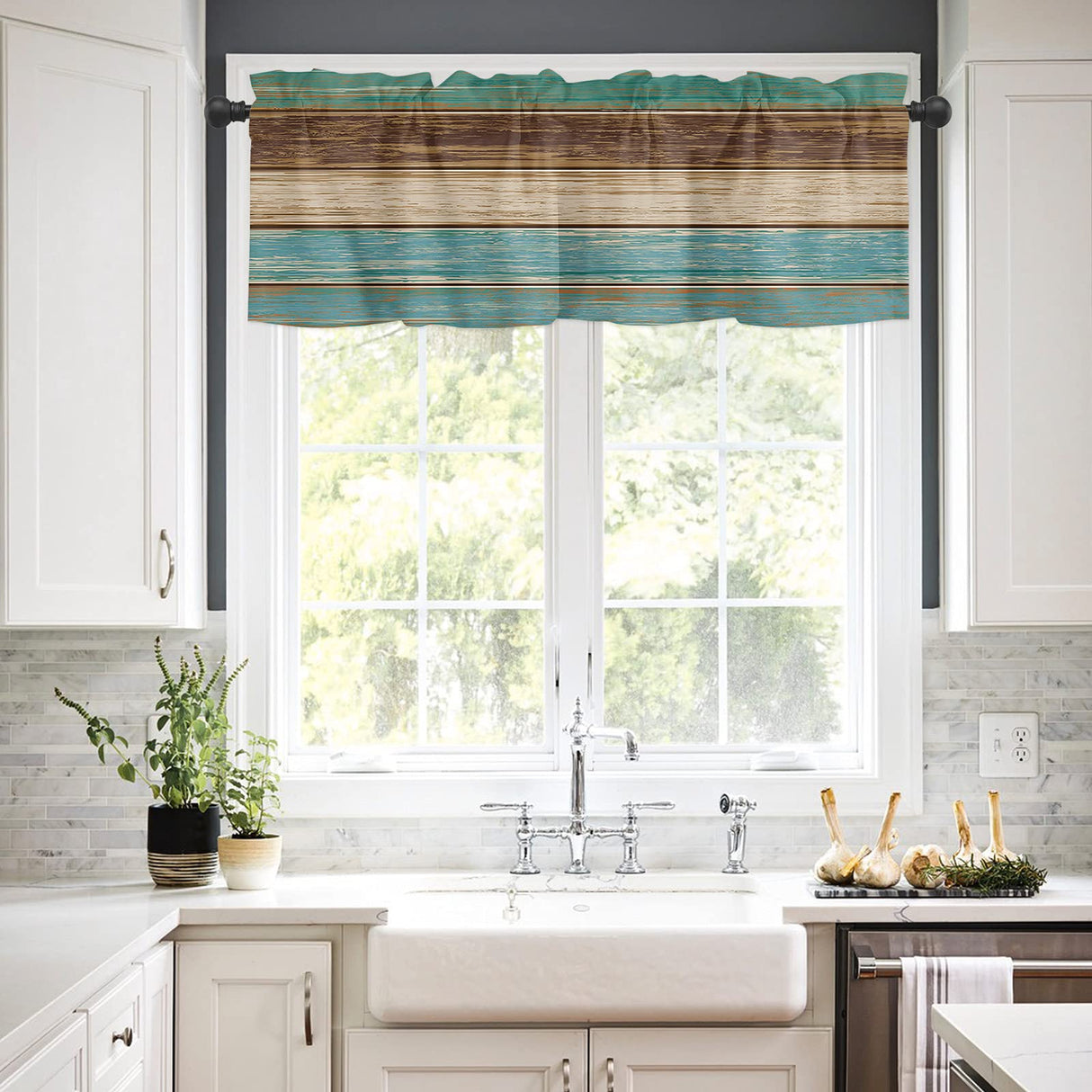 Rustic Farmhouse Valances Curtains for Kitchen Windows, Retro Wood Rod Pocket Curtain Toppers Teal Green Brown Country Short Curtains Treatments for Bedroom/Living Room/Bathroom,54" X 18"-1 Panel Vandarllin
