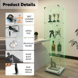 Buzleer Glass Display Cabinet with Lock LED Lighting 4-Tier 1-Door Full Vision Showcase Curio Cabinets Tempered Glass Display Case with Wheels for Living Room Bedroom Office, 65"*15.7"*13.6",White Buzleer