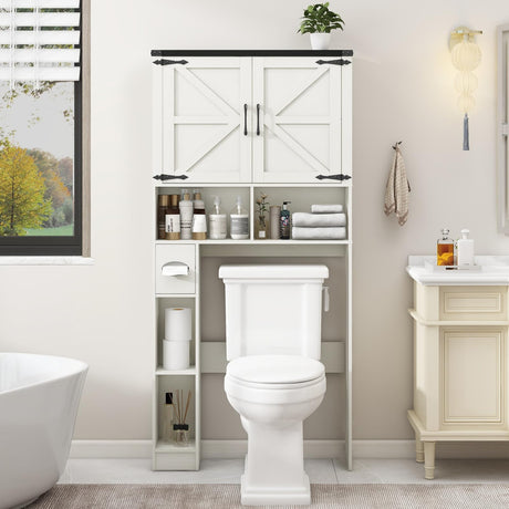 Over The Toilet Storage Cabinet, Farmhouse Storage Cabinet Over Toilet with 2 Barn Doors && Toilet Paper Holder Stand，Home Space-Saving Toilet Rack, for Bathroom, Laundry, Restroom. Vabches