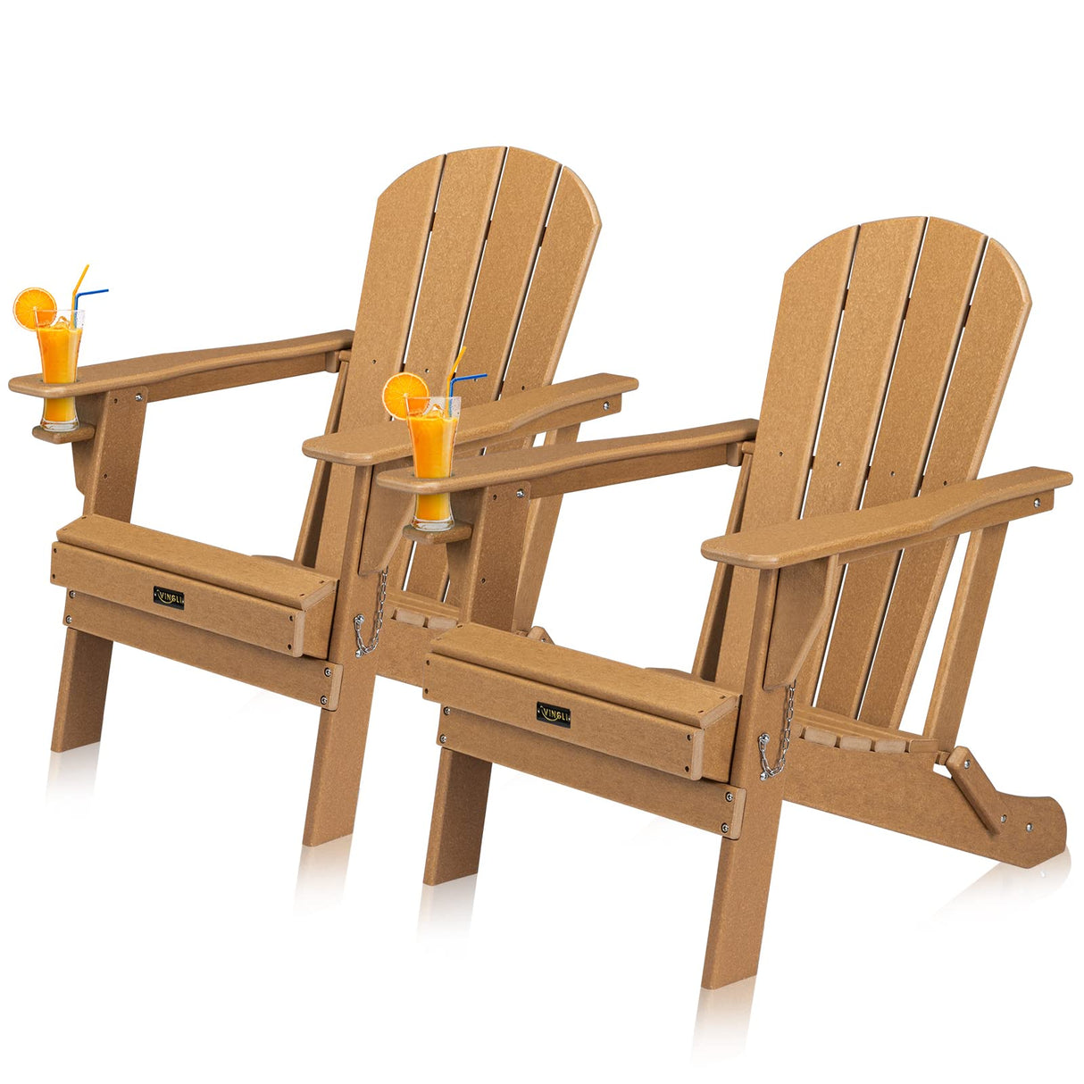 VINGLI Plastic Adirondack Chairs Set of 2, Folding with Cup Holder, Waterproof HDPE Material, Comfortable 380lb Weight Capacity for Outdoor Pool Patio Lounge Chair Lawn Furniture Firepit (Teak) VINGLI