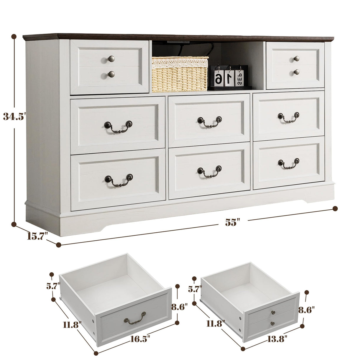 EnHomee 8 Drawers Dresser with Power Outlets and LED Lights,55" W Rustic Wooden Dressers & Chests of Drawers for Bedroom, Hallway, Closet, White, 55" W x 34.5" H x 15.7" D EnHomee