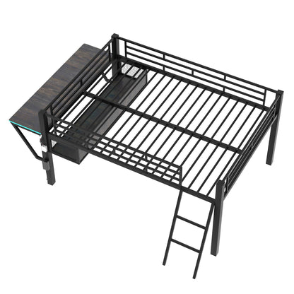 Mid Metal Loft Gaming Bed with Desk and LED Lights by HZSSDTKJ - WoodArtSupply