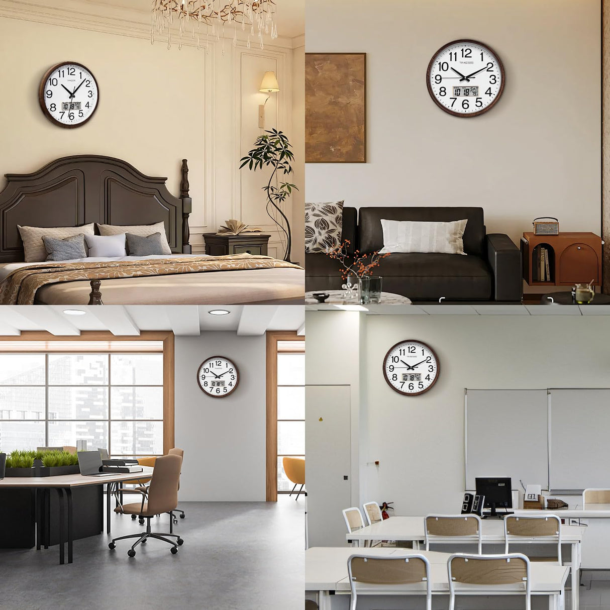 TIMESS Wall Clock, Classic Wood Style Finish, 11 Inch Non-Ticking Silent Battery Operated Quartz Analog with Perpetual Calendar and F° Temperature Display, Home, Office Décor (Wood Brown) TIMESS