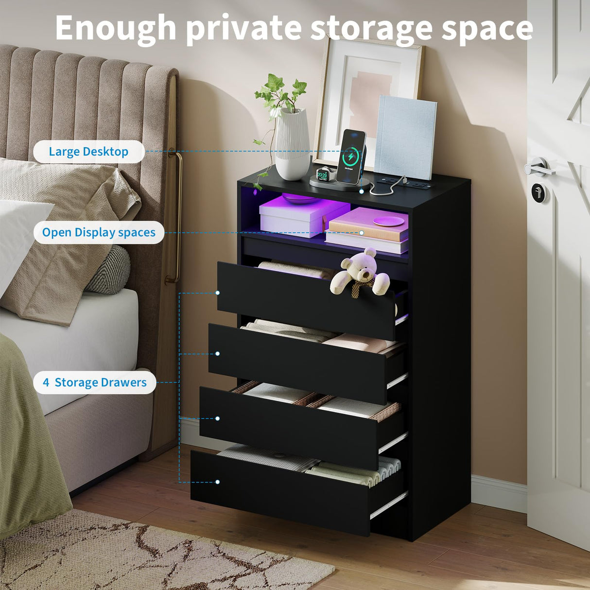 MilleLoom 4 Drawer Dresser with Charging Station and LED Lights, Modern Chest of Drawers with Power Outlet, Organizer Cabinet for Bedroom, Living Room, Entryway, Black MilleLoom