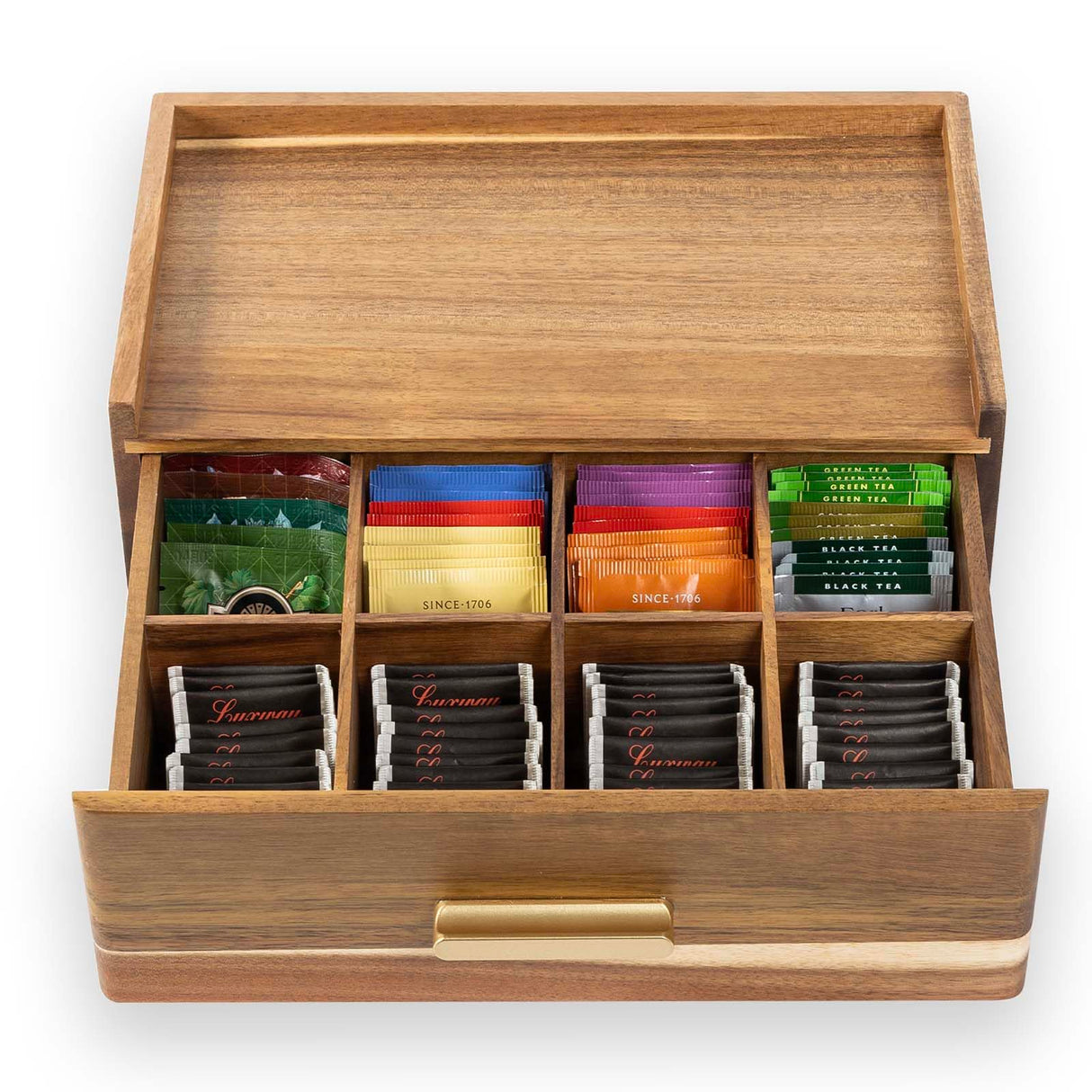 Acacia Wood Tea Bag Organizer, Tea Organizers and Storage Box, Tea Caddy for Tea Bags Storage Drawer, Teabag Holder Container Boxes for Countertop, Tea Station Chest Display Wooden, Organizador De Te FLYIEE
