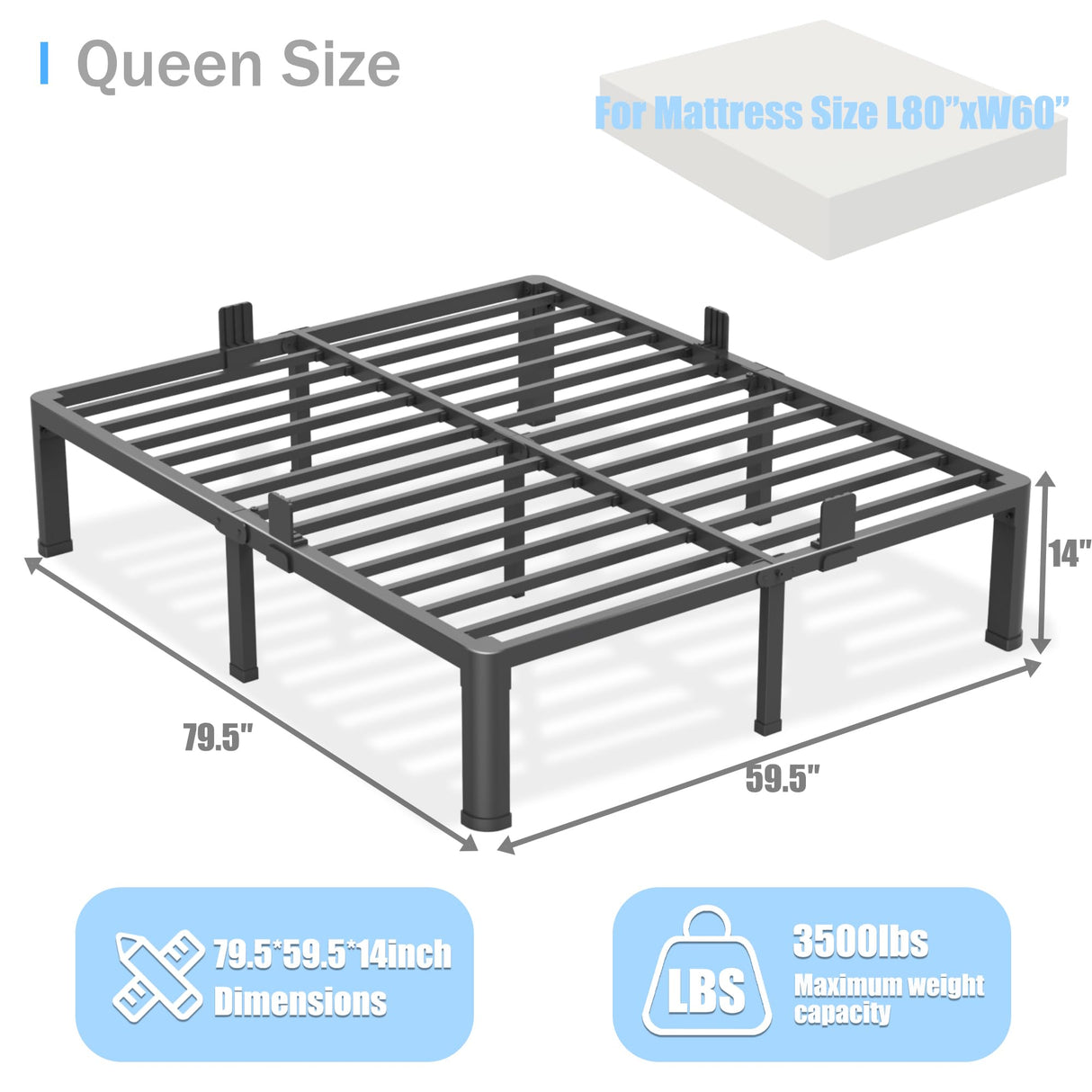 Yitong Angel 14 inch Queen Bed Frame with Round Corner Legs Mattress Slide Stopper,3500 lbs Heavy Duty Metal Platform,Steel Slats Support,No Box Spring Needed,Easy Assembly,Noise Free Yitong Angel