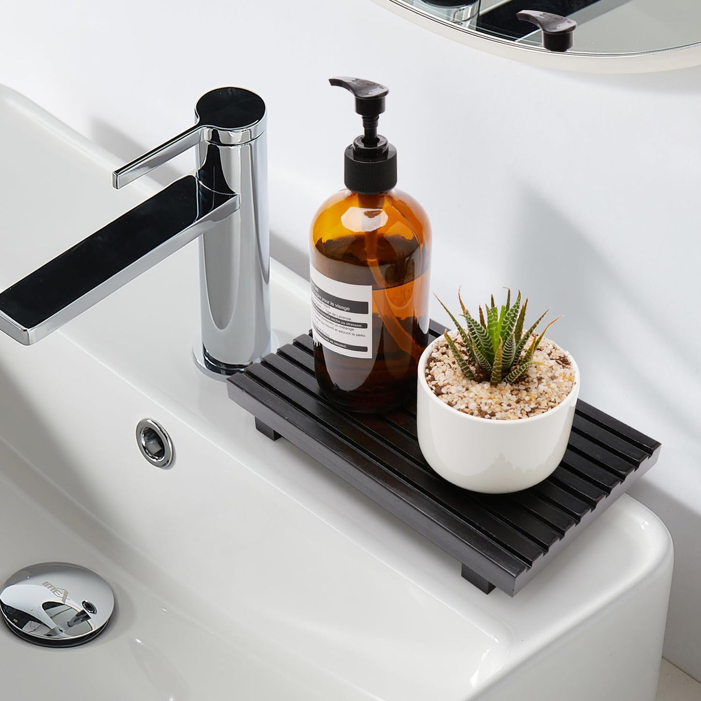 Renawe Black Bathroom Counter Organizer Wooden Display Pedesta Stand Kitchen Countertop Trays Farmhouse Wood Riser Dish Soap Dispenser Holder for Bathroom Decor Kitchen Sink Accessories Vanity Tray