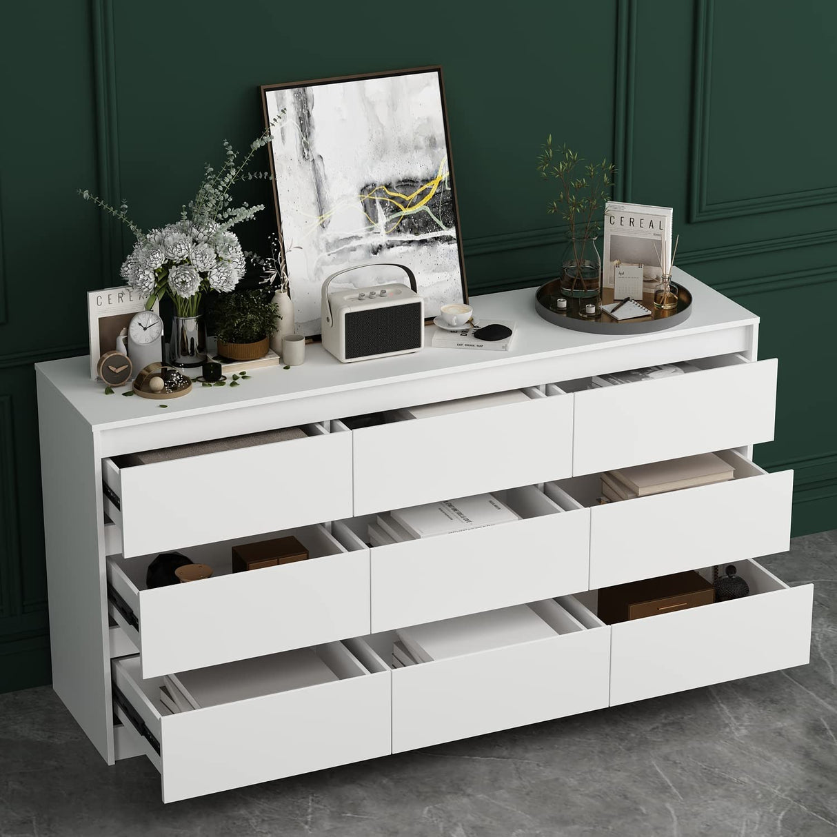 Hitow 9 Drawer Dresser for Bedroom with Deep Drawers, Large Floor Wood Dressers & Chest of Drawers Handle Free, Modern White Long Dressers for Closet Living Room (63" W x 15.7" D x 31.5" H) Hitow