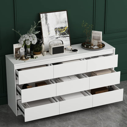 Hitow 9 Drawer Dresser for Bedroom with Deep Drawers, Large Floor Wood Dressers & Chest of Drawers Handle Free, Modern White Long Dressers for Closet Living Room (63" W x 15.7" D x 31.5" H) - WoodArtSupply