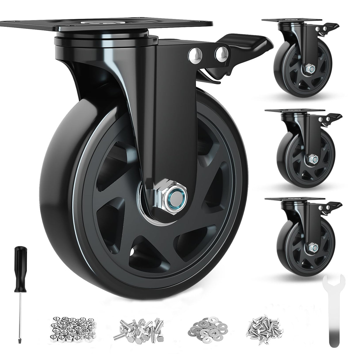 6 Inch Caster Wheels Heavy Duty Casters with Brake, Casters Set of 4 Loading 3000 Lbs, Locking Industrial Swivel Top Plate Casters Wheels for Furniture and Workbench Cart(Two Hardware Kits Included) YUPEZOP