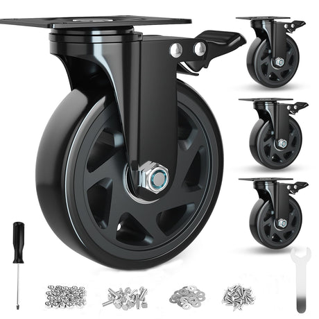 6 Inch Caster Wheels Heavy Duty Casters with Brake, Casters Set of 4 Loading 3000 Lbs, Locking Industrial Swivel Top Plate Casters Wheels for Furniture and Workbench Cart(Two Hardware Kits Included) YUPEZOP