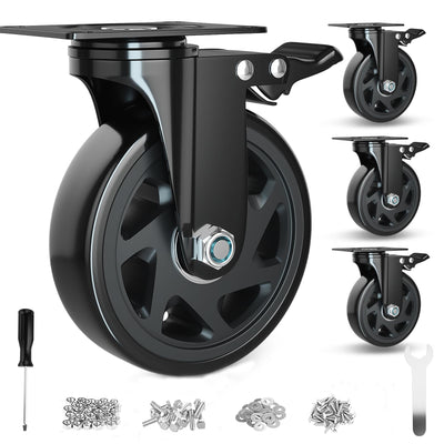 6 Inch Caster Wheels Heavy Duty Casters with Brake, Casters Set of 4 Loading 3000 Lbs, Locking Industrial Swivel Top Plate Casters Wheels for Furniture and Workbench Cart(Two Hardware Kits Included)