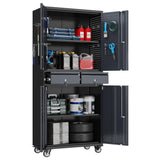 GangMei Metal Garage Storage Cabinet with 2 Drawers and 2 Adjustable Shelves, Rolling Tool Storage Cabinet with Wheels and Locking Doors for Garage, Warehouse, Black and Dark Gray GangMei