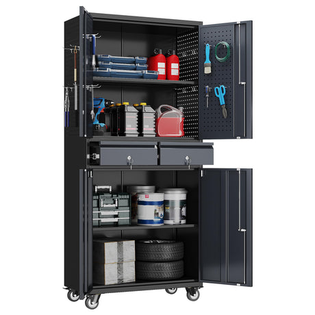 GangMei Metal Garage Storage Cabinet with 2 Drawers and 2 Adjustable Shelves, Rolling Tool Storage Cabinet with Wheels and Locking Doors for Garage, Warehouse, Black and Dark Gray GangMei