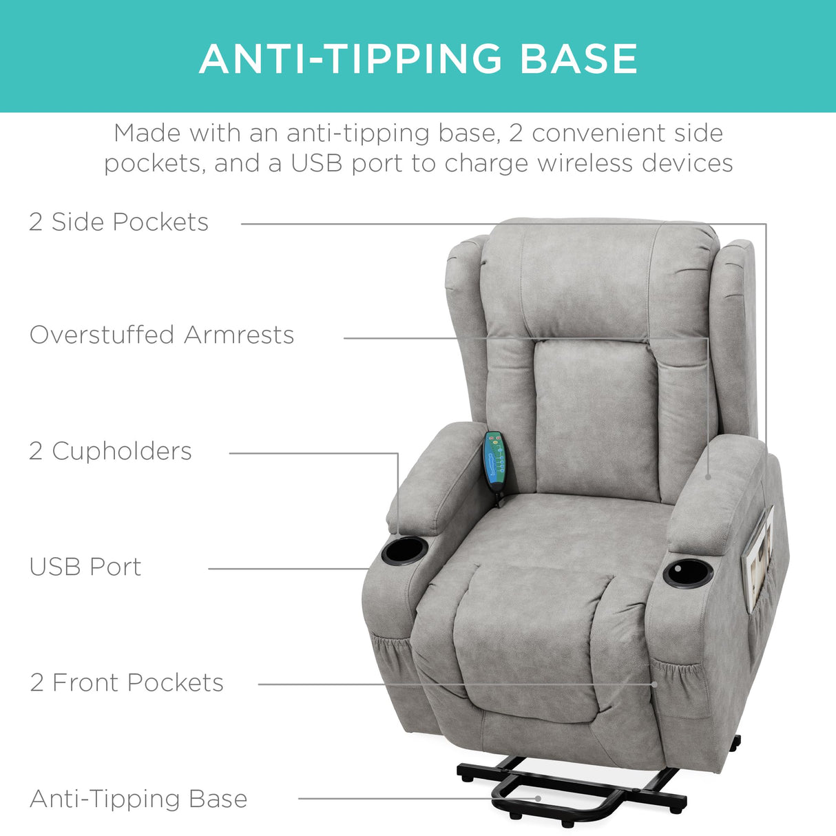 Best Choice Products PU Leather Electric Power Lift Chair, Recliner Massage Chair, Adjustable Furniture for Back, Legs w/ 3 Positions, USB Port, Heat, Cupholders, Easy-to-Reach Side Button - Gray Best Choice Products
