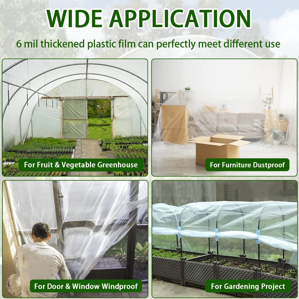 LSGCQ 6 mil Greenhouse Plastic Film Sheeting Cover 25 x 40 Ft UV Resistant Clear Polyethylene Film Green House Hoop Farm Plastic Cover for Gardening, Farming, Agriculture LSGCQ