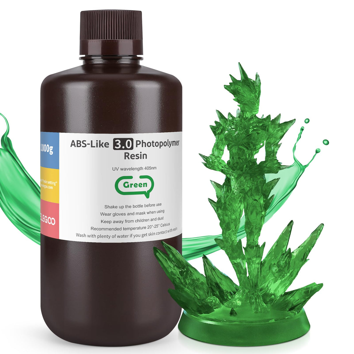 ELEGOO ABS-Like Resin 3.0, Photopolymer Resin UV Curing 405nm, Upgraded ABS 3D Printing Resin, Higher Precision, Lower Shrinkage 3D Resin for LCD/MSLA/DLP 3D Printer, Clear Green 1000G Deeplee