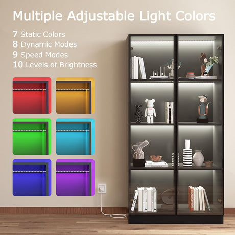 ZORPLIX Display Cabinet with LED Lights, Glass Display Case Cabinet with 4-Tier Shelves, Curio Cabinet with 2 Glass Doors, Storage Cabinet for Collectibles, Living Room ZORPLIX