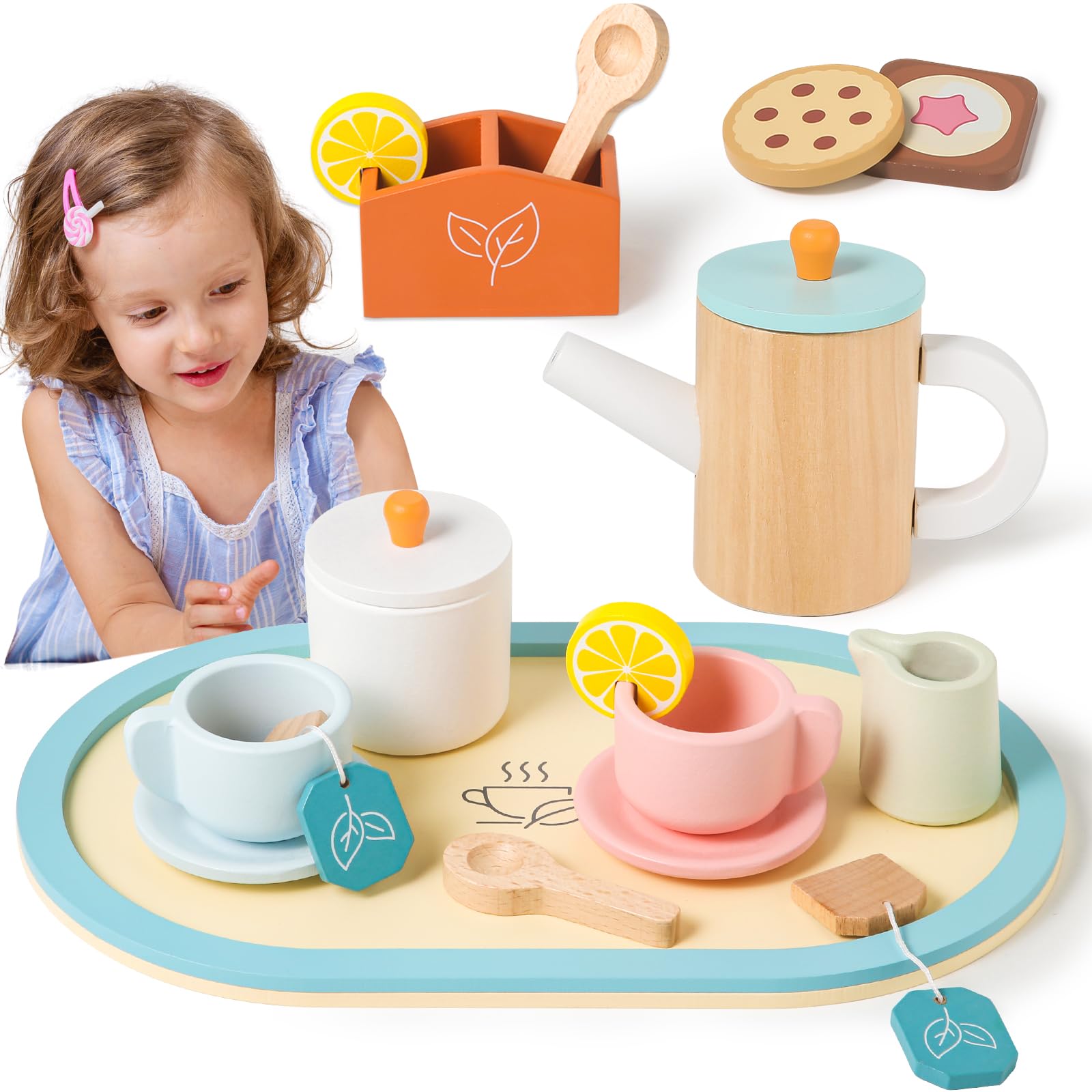 KMUYSL Wooden Toys for Kids, Wood Tea Set Pretend Toys for Little Girls, Tea Party Set Kids Kitchen Accessories Toy, Christmas Birthday Easter Gift for Toddlers Boys Girls 3 4 5 6 Years Old - WoodArtSupply