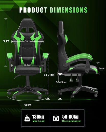 Gaming Chair with RGB LED Lights, Ergonomic Computer Chair for Adults with Headrest and Lumbar Support, Reclining Gamer Chairs with Racing Style, Swivel Seat, Backrest and Adjustable Height, Green