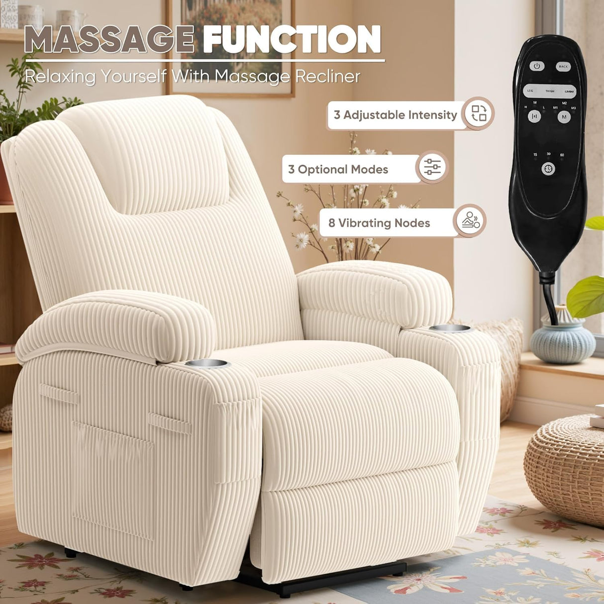 Power Lift Recliner Chair for Elderly with Massage Electric Lift Recliner Chairs with Cup Holders Side Pockets for Living Room (Corduroy, White) Shahoo