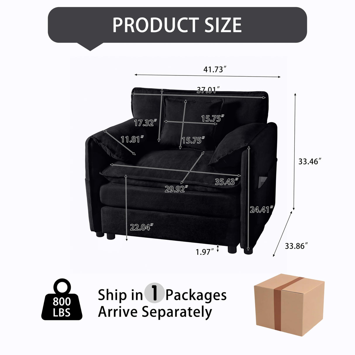 KEIKI 41" Cloud Couch Sofa Chair-Oversized Single Sofa with Storage, Modern Upholstered Deep Seating Armchair W/Pillow, Chenille Accent Chair for Living Room Bedroom Office, Black KEIKI