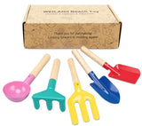WEILAIDI Beach Toys,5 Pcs Children Beach Sand Toys,8'' Kids Gardening Set Metal Garden Tools with Sturdy Wooden Handle,Safe Kids Shovel with Spoon, Fork, Rake, Flat Shovel & Pointed Shovel for Kids WEILAIDI