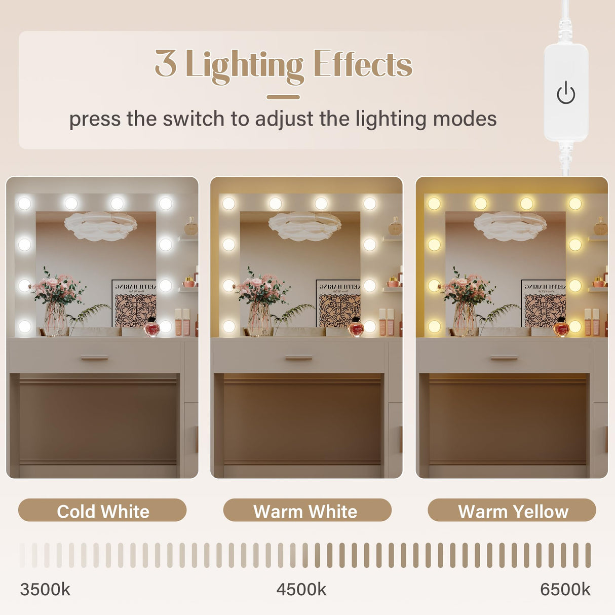 JUMMICO 35.4" Vanity Desk with LED Mirror & Power Outlet, Makeup Vanity Table with 3 Open Storage Shelves, Drawers and Cabinet, 3 Model Adjustable Lights for Bedroom & Dressing Room (White) JUMMICO