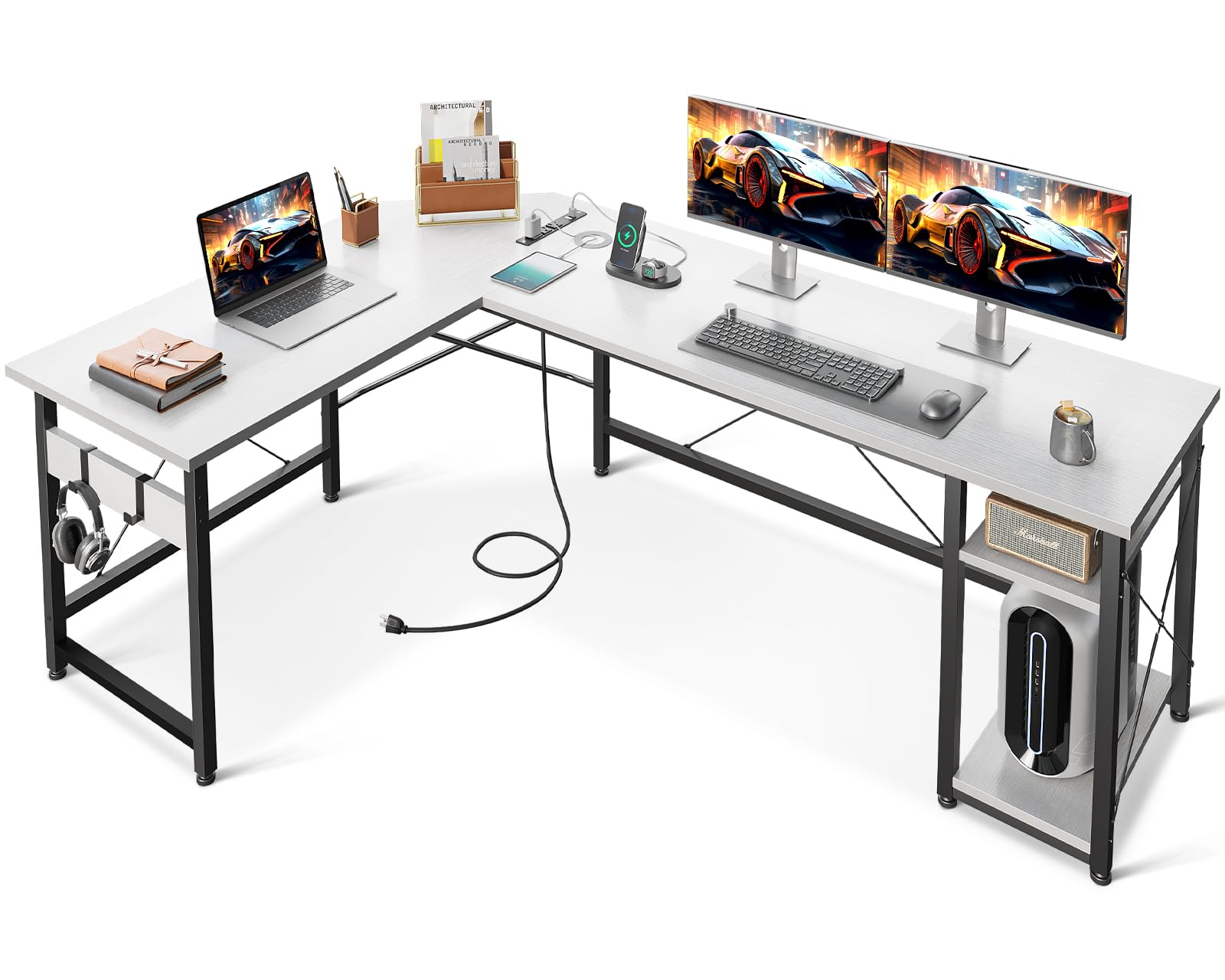 Coleshome L Shaped Computer Desk 66" with Power Outlet & Storage Shelves, Corner Sturdy Writing Desk Workstation, Modern Wooden Office Gaming Desk, Wood & Metal, White - WoodArtSupply