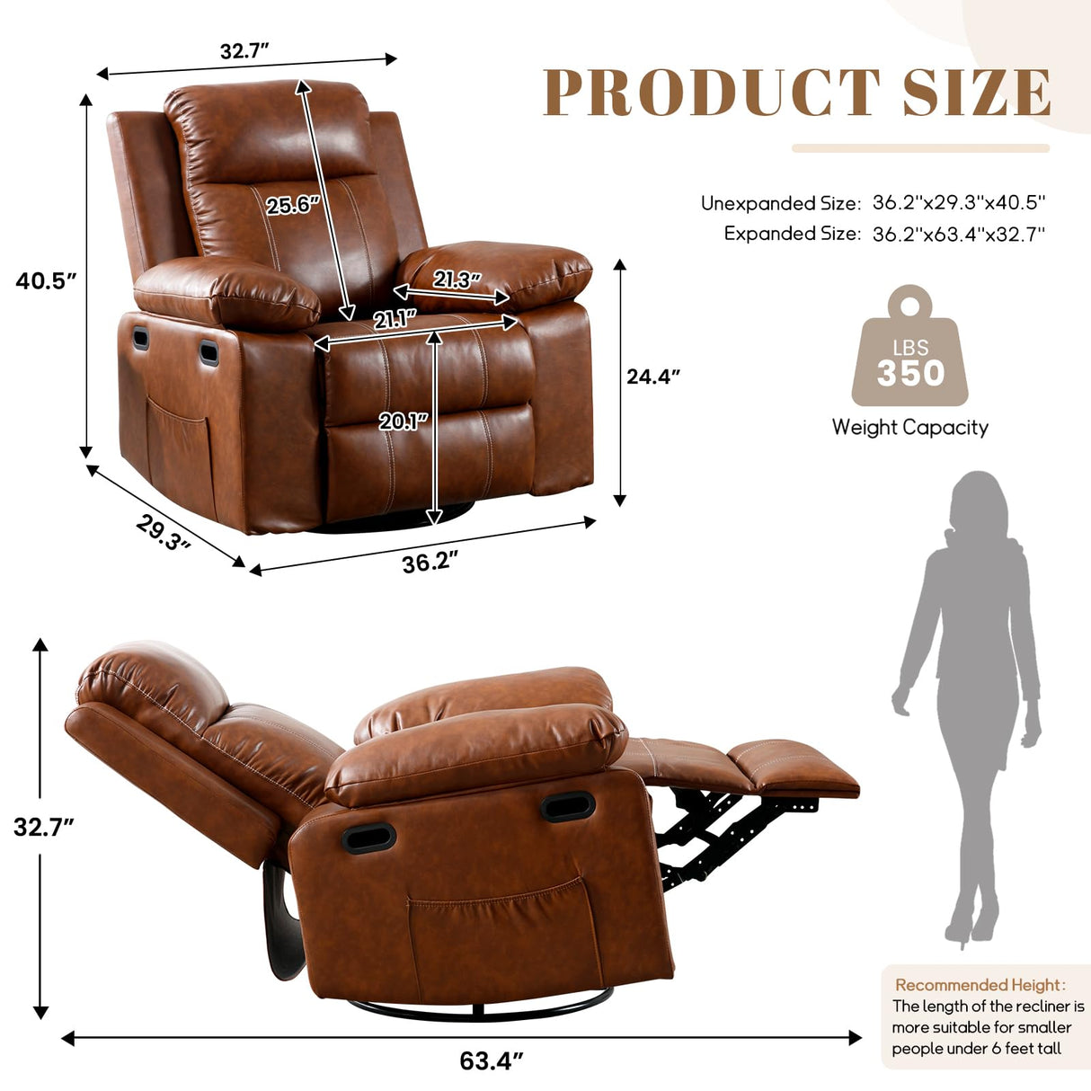 SLEERWAY Recliner Chair with Massage and Heat, Modern Swivel Reclining Chair with Remote Control and Side Pocket, Adjustable Glider Rocker Recliner Chair for Living Room, Bedroom, Lounge, Brown SLEERWAY