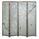MyGift 4-Panel Asian-Inspired Folding Room Divider with Cherry Blossom Tree & Bird Design Poetry Calligraphy and Brown Wooden Frame MyGift