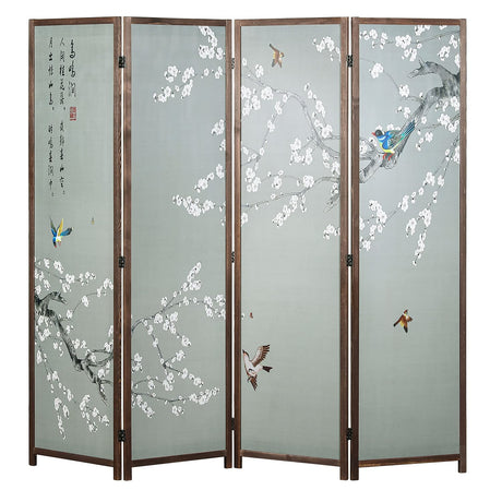 MyGift 4-Panel Asian-Inspired Folding Room Divider with Cherry Blossom Tree & Bird Design Poetry Calligraphy and Brown Wooden Frame MyGift