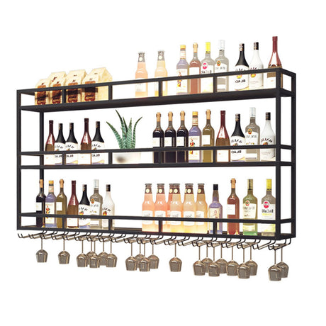 Large Heavy Duty 47in Wine Rack with LED Wall Mounted Bottle Glass Holder Under Shelf, 3-Tiers Liquor Floating Shelves Display Storage Organizer Hanging Long Stemware Goblet Metal for Home Bar GWLQRTXV