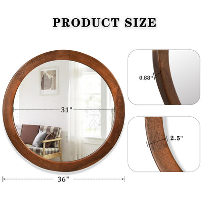 Round Mirror 36 Inch,Wood Rustic Bathroom Tempered Wall Mirror with Walnut Frame,Farmhouse Wooden Vanity Circle Mirror for Living Room,Entryway or Bedroom（Walnut Brown） - WoodArtSupply